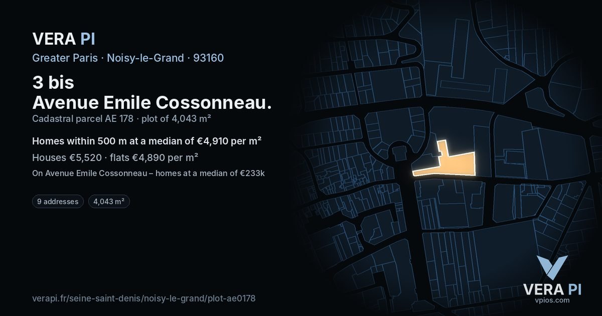 3 bis Avenue Emile Cossonneau, Noisy-le-Grand at night – the plot lit, the parcels around coloured by the prices near them