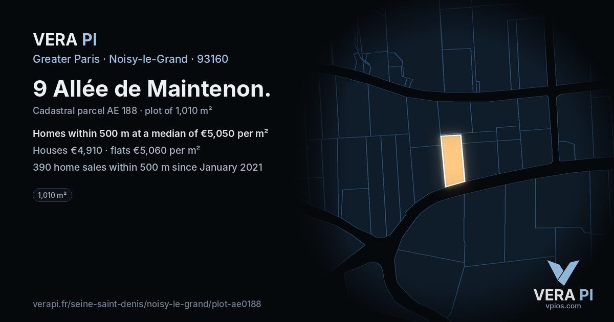 9 Allée de Maintenon, Noisy-le-Grand at night – the plot lit, the parcels around coloured by the prices near them