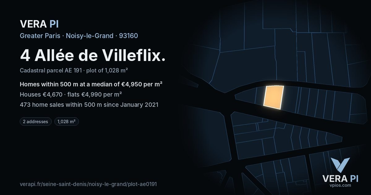 4 Allée de Villeflix, Noisy-le-Grand at night – the plot lit, the parcels around coloured by the prices near them