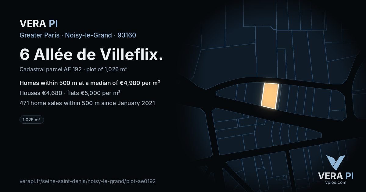 6 Allée de Villeflix, Noisy-le-Grand at night – the plot lit, the parcels around coloured by the prices near them