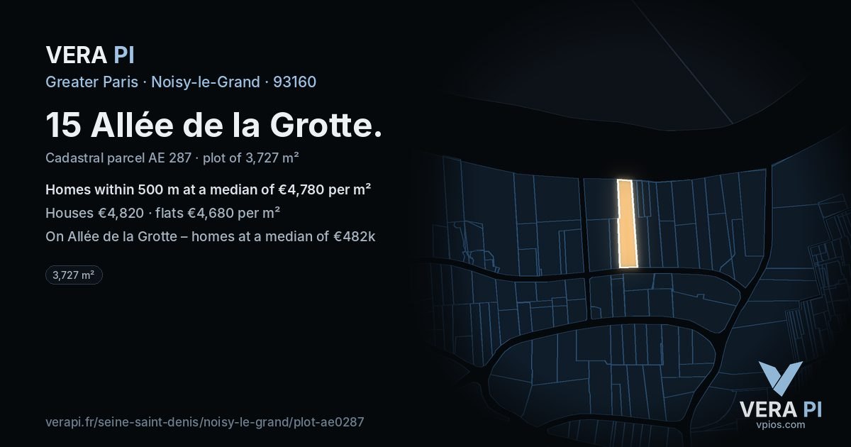 15 Allée de la Grotte, Noisy-le-Grand at night – the plot lit, the parcels around coloured by the prices near them