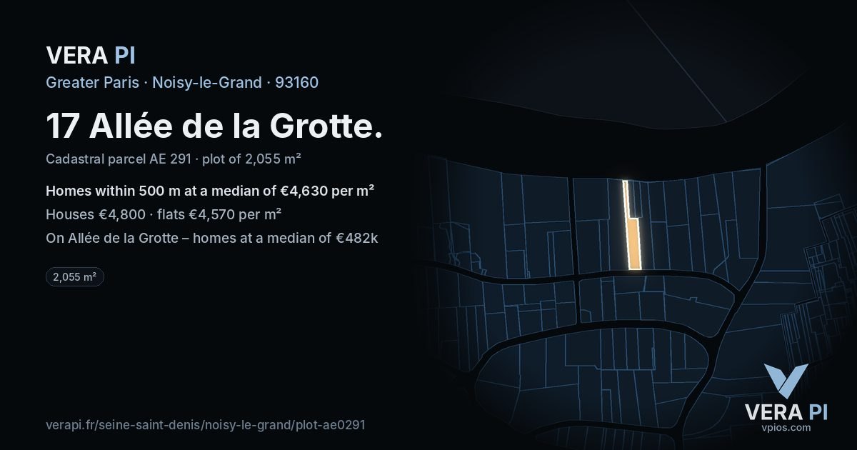 17 Allée de la Grotte, Noisy-le-Grand at night – the plot lit, the parcels around coloured by the prices near them
