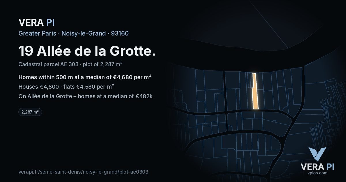 19 Allée de la Grotte, Noisy-le-Grand at night – the plot lit, the parcels around coloured by the prices near them