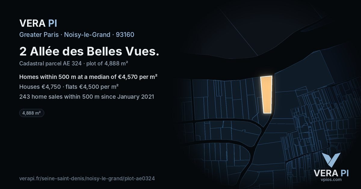 2 Allée des Belles Vues, Noisy-le-Grand at night – the plot lit, the parcels around coloured by the prices near them