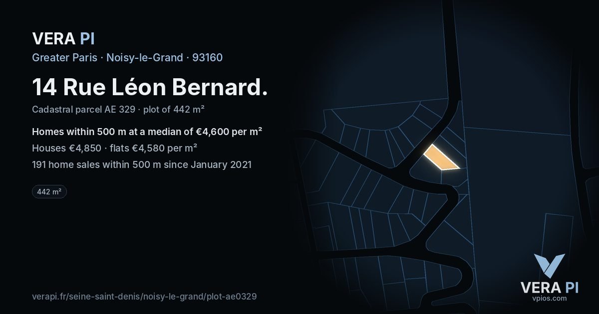 14 Rue Léon Bernard, Noisy-le-Grand at night – the plot lit, the parcels around coloured by the prices near them