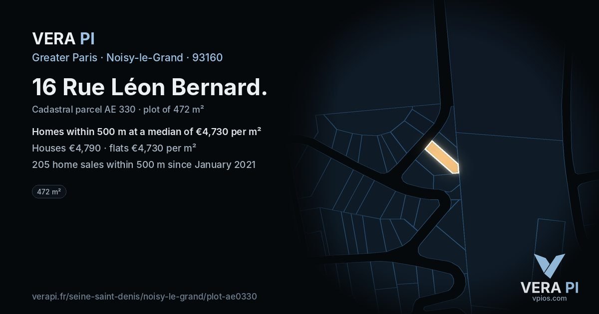 16 Rue Léon Bernard, Noisy-le-Grand at night – the plot lit, the parcels around coloured by the prices near them