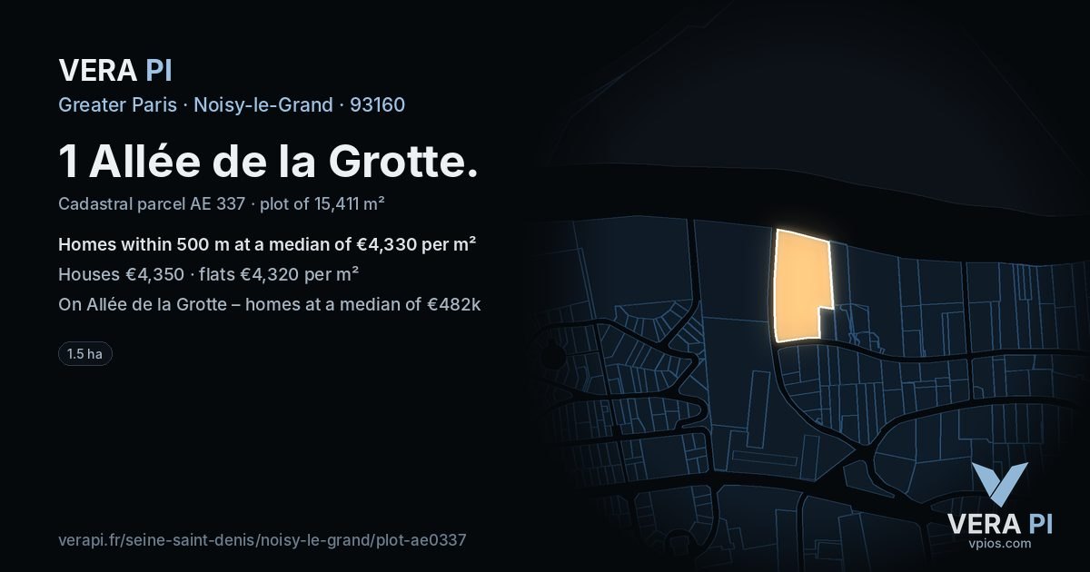 1 Allée de la Grotte, Noisy-le-Grand at night – the plot lit, the parcels around coloured by the prices near them