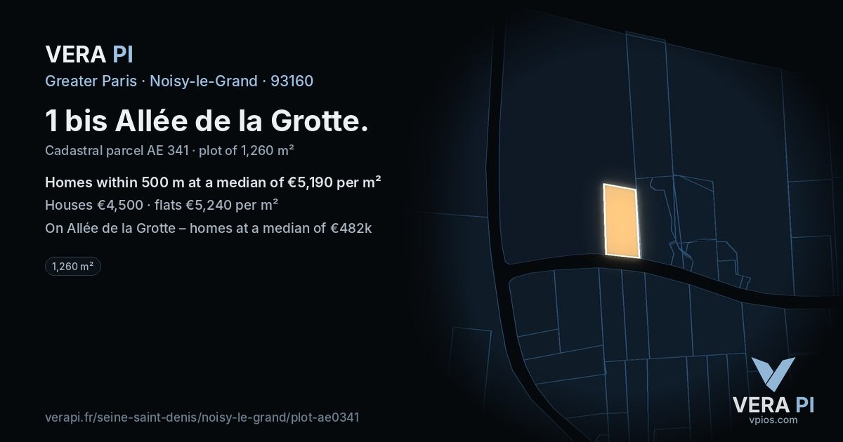 1 bis Allée de la Grotte, Noisy-le-Grand at night – the plot lit, the parcels around coloured by the prices near them