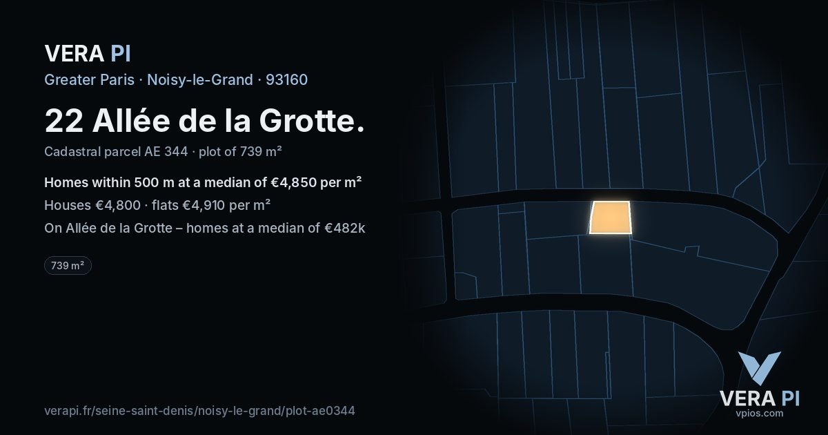 22 Allée de la Grotte, Noisy-le-Grand at night – the plot lit, the parcels around coloured by the prices near them