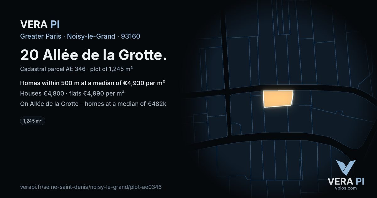 20 Allée de la Grotte, Noisy-le-Grand at night – the plot lit, the parcels around coloured by the prices near them