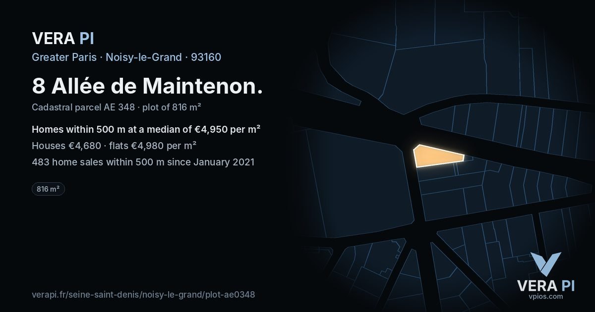 8 Allée de Maintenon, Noisy-le-Grand at night – the plot lit, the parcels around coloured by the prices near them