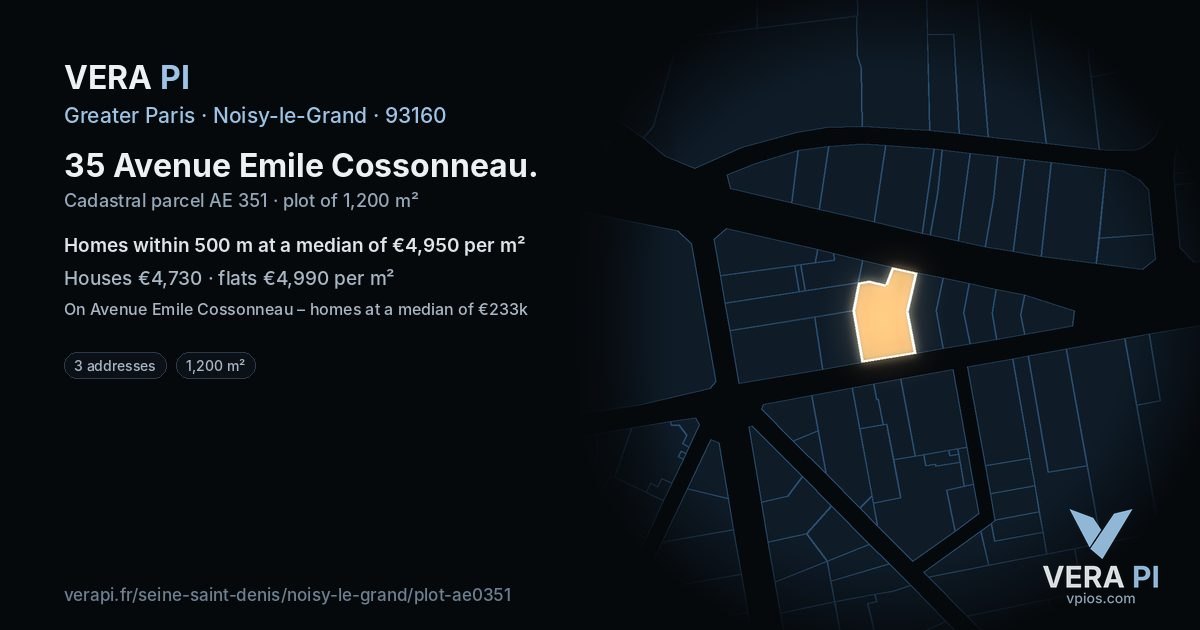 35 Avenue Emile Cossonneau, Noisy-le-Grand at night – the plot lit, the parcels around coloured by the prices near them