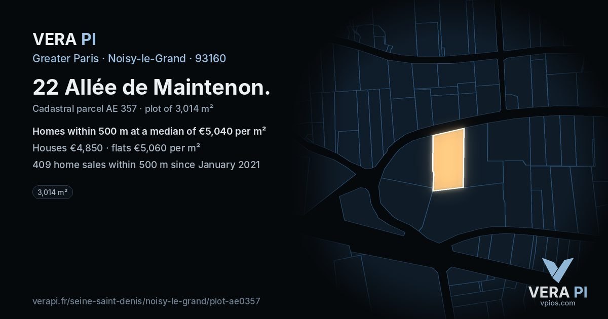 22 Allée de Maintenon, Noisy-le-Grand at night – the plot lit, the parcels around coloured by the prices near them