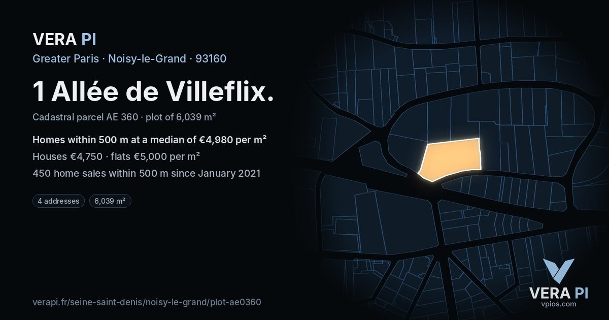 1 Allée de Villeflix, Noisy-le-Grand at night – the plot lit, the parcels around coloured by the prices near them