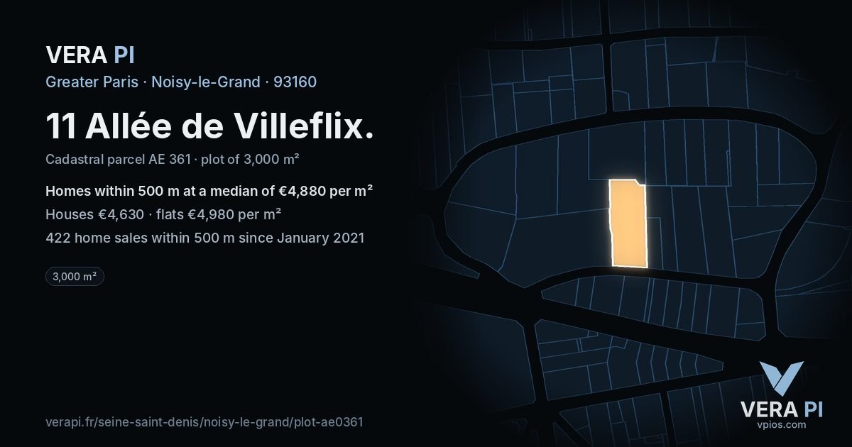 11 Allée de Villeflix, Noisy-le-Grand at night – the plot lit, the parcels around coloured by the prices near them