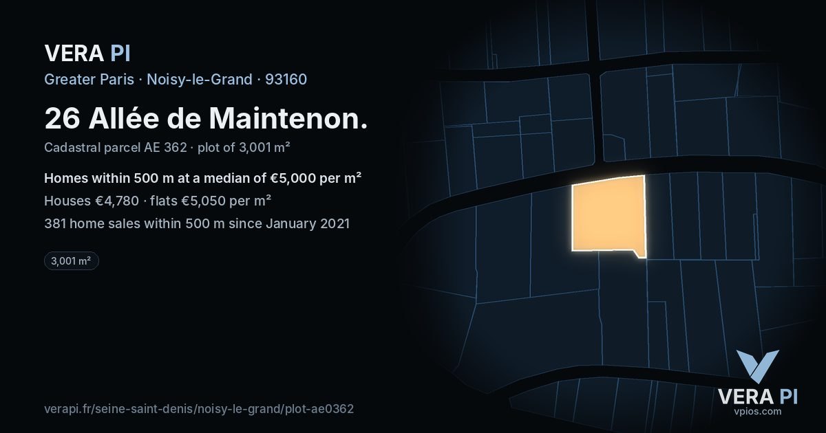 26 Allée de Maintenon, Noisy-le-Grand at night – the plot lit, the parcels around coloured by the prices near them