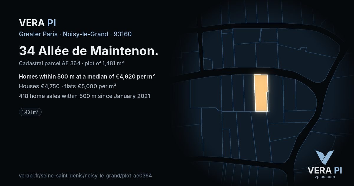 34 Allée de Maintenon, Noisy-le-Grand at night – the plot lit, the parcels around coloured by the prices near them