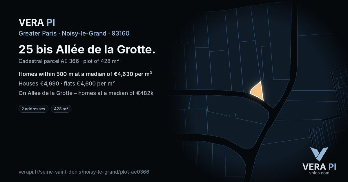 25 bis Allée de la Grotte, Noisy-le-Grand at night – the plot lit, the parcels around coloured by the prices near them
