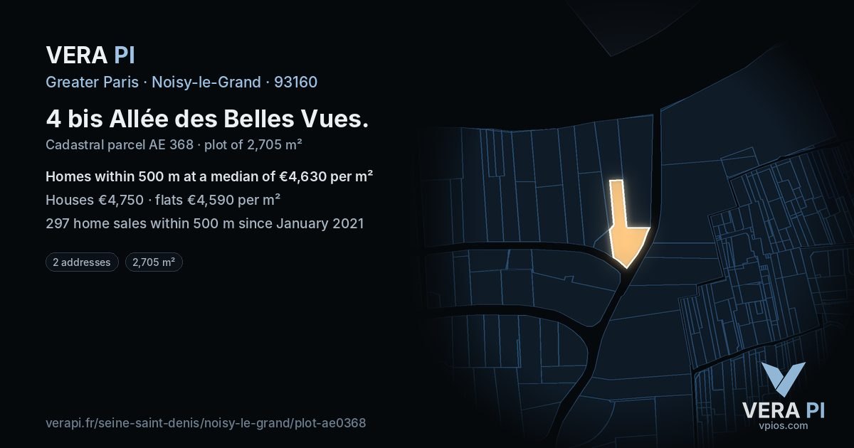 4 bis Allée des Belles Vues, Noisy-le-Grand at night – the plot lit, the parcels around coloured by the prices near them