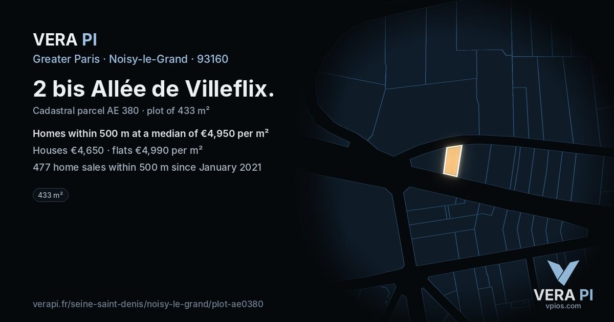 2 bis Allée de Villeflix, Noisy-le-Grand at night – the plot lit, the parcels around coloured by the prices near them