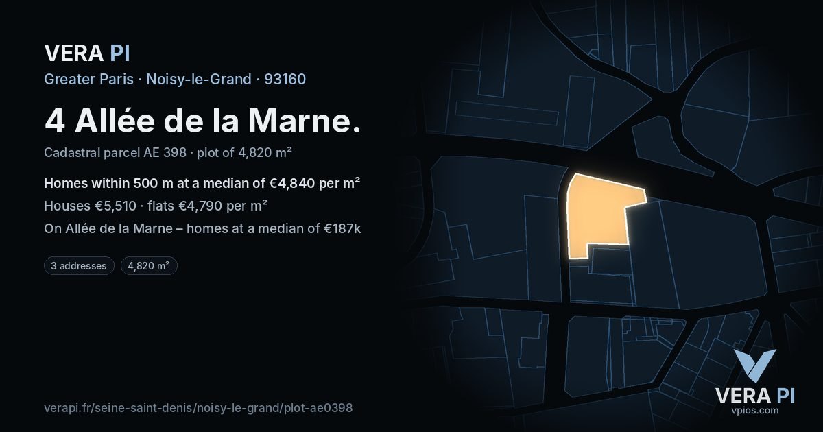4 Allée de la Marne, Noisy-le-Grand at night – the plot lit, the parcels around coloured by the prices near them