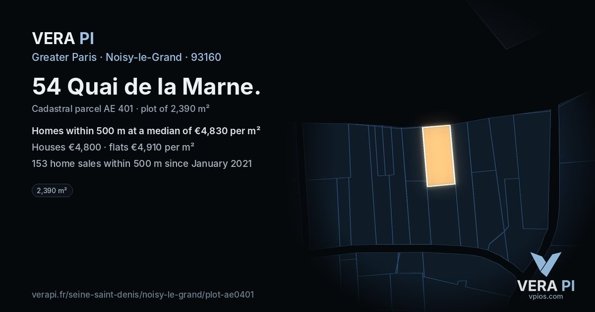 54 Quai de la Marne, Noisy-le-Grand at night – the plot lit, the parcels around coloured by the prices near them