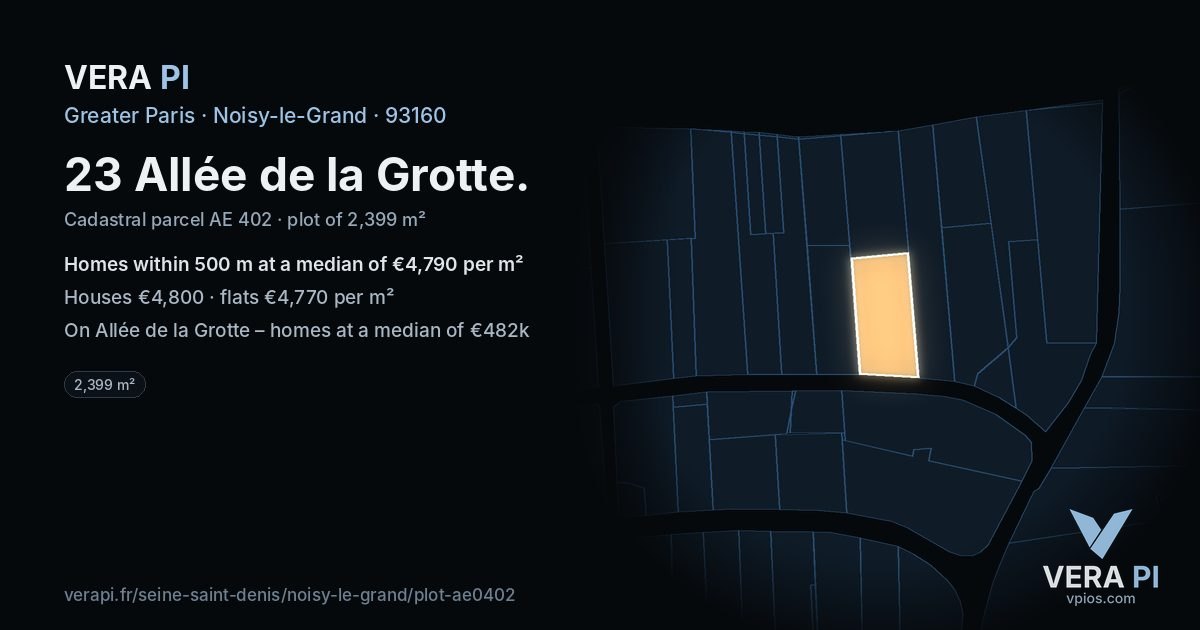 23 Allée de la Grotte, Noisy-le-Grand at night – the plot lit, the parcels around coloured by the prices near them