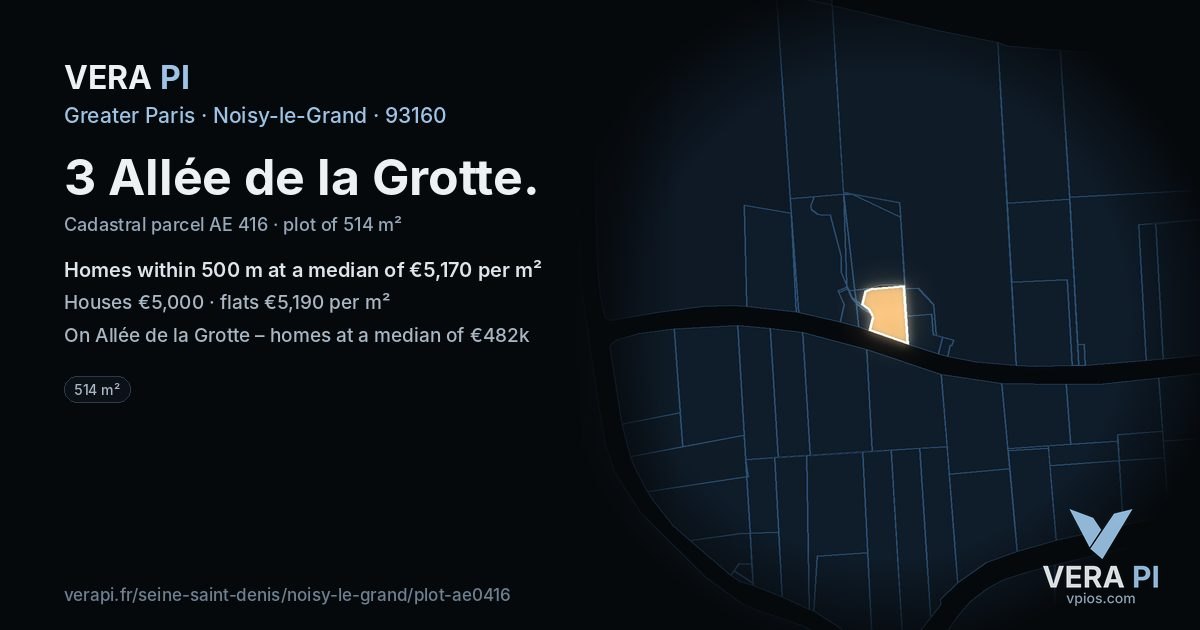 3 Allée de la Grotte, Noisy-le-Grand at night – the plot lit, the parcels around coloured by the prices near them