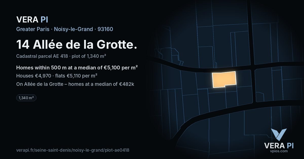 14 Allée de la Grotte, Noisy-le-Grand at night – the plot lit, the parcels around coloured by the prices near them