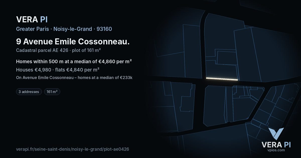 9 Avenue Emile Cossonneau, Noisy-le-Grand at night – the plot lit, the parcels around coloured by the prices near them