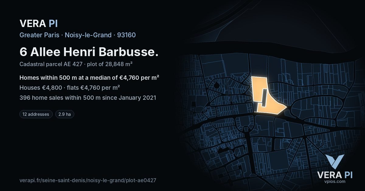 6 Allee Henri Barbusse, Noisy-le-Grand at night – the plot lit, the parcels around coloured by the prices near them