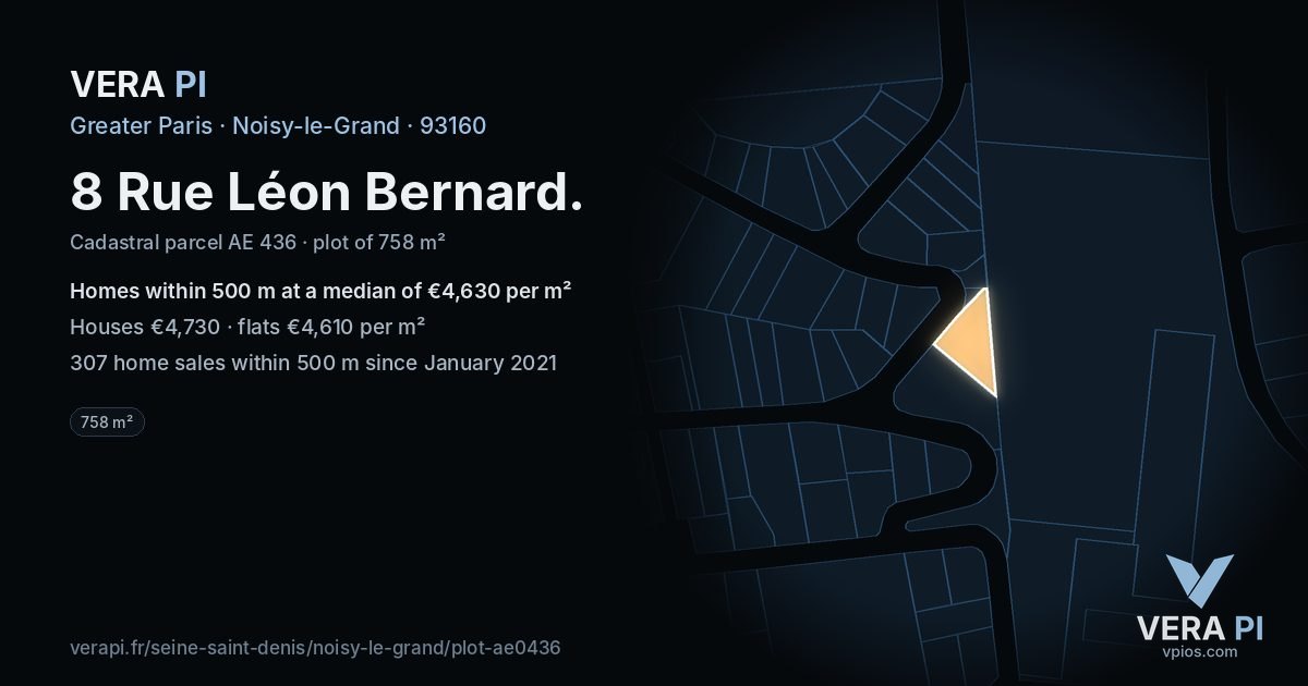 8 Rue Léon Bernard, Noisy-le-Grand at night – the plot lit, the parcels around coloured by the prices near them
