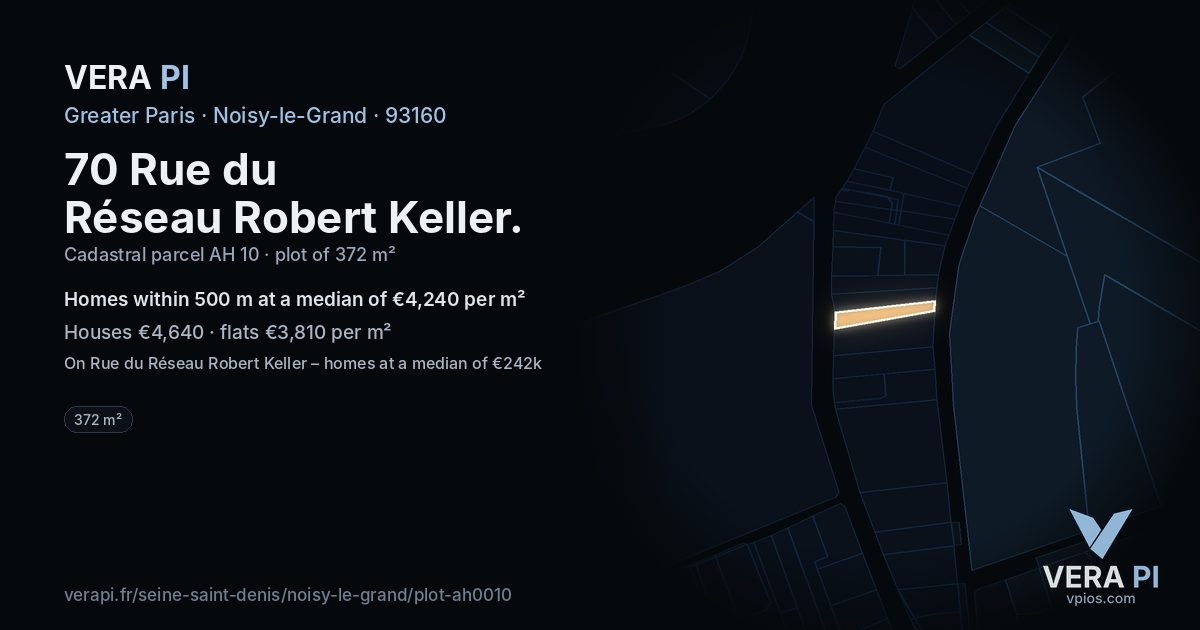 70 Rue du Réseau Robert Keller, Noisy-le-Grand at night – the plot lit, the parcels around coloured by the prices near them
