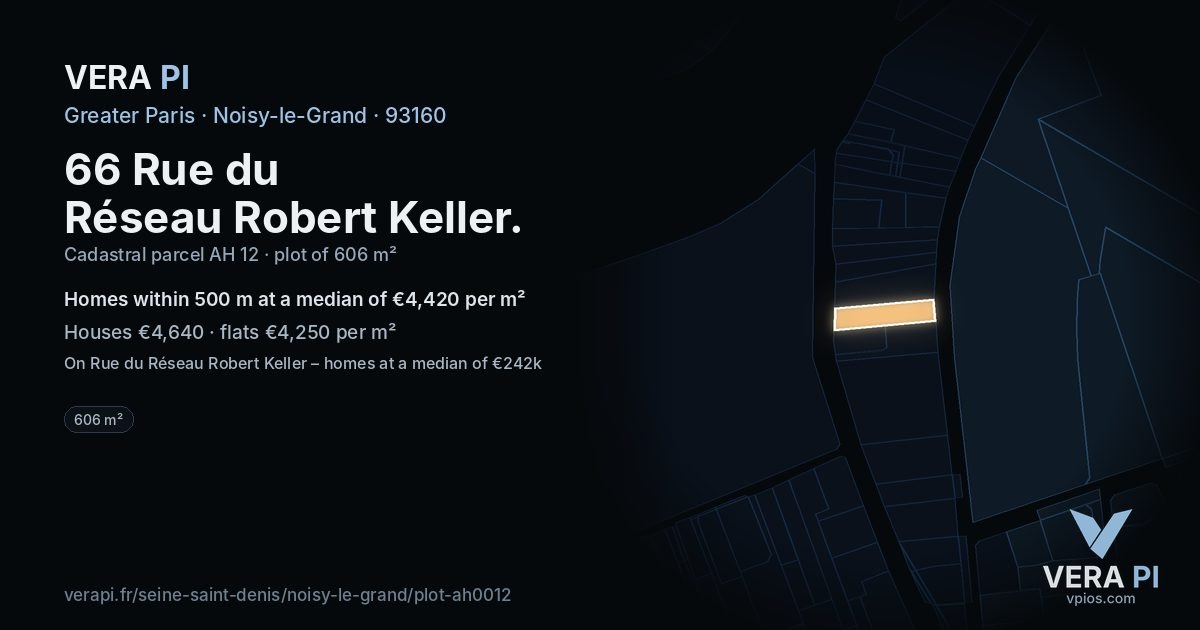 66 Rue du Réseau Robert Keller, Noisy-le-Grand at night – the plot lit, the parcels around coloured by the prices near them