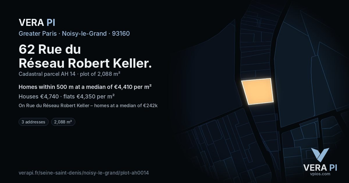 62 Rue du Réseau Robert Keller, Noisy-le-Grand at night – the plot lit, the parcels around coloured by the prices near them