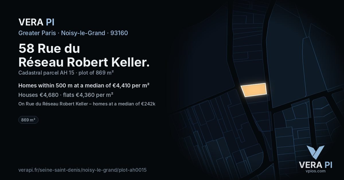 58 Rue du Réseau Robert Keller, Noisy-le-Grand at night – the plot lit, the parcels around coloured by the prices near them