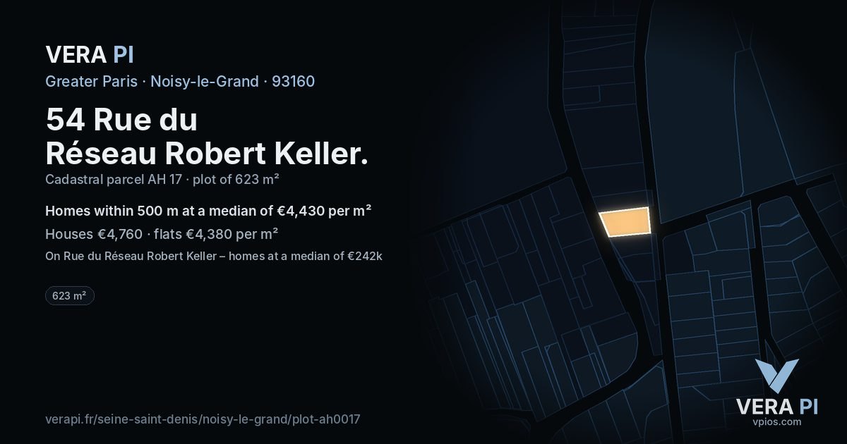 54 Rue du Réseau Robert Keller, Noisy-le-Grand at night – the plot lit, the parcels around coloured by the prices near them
