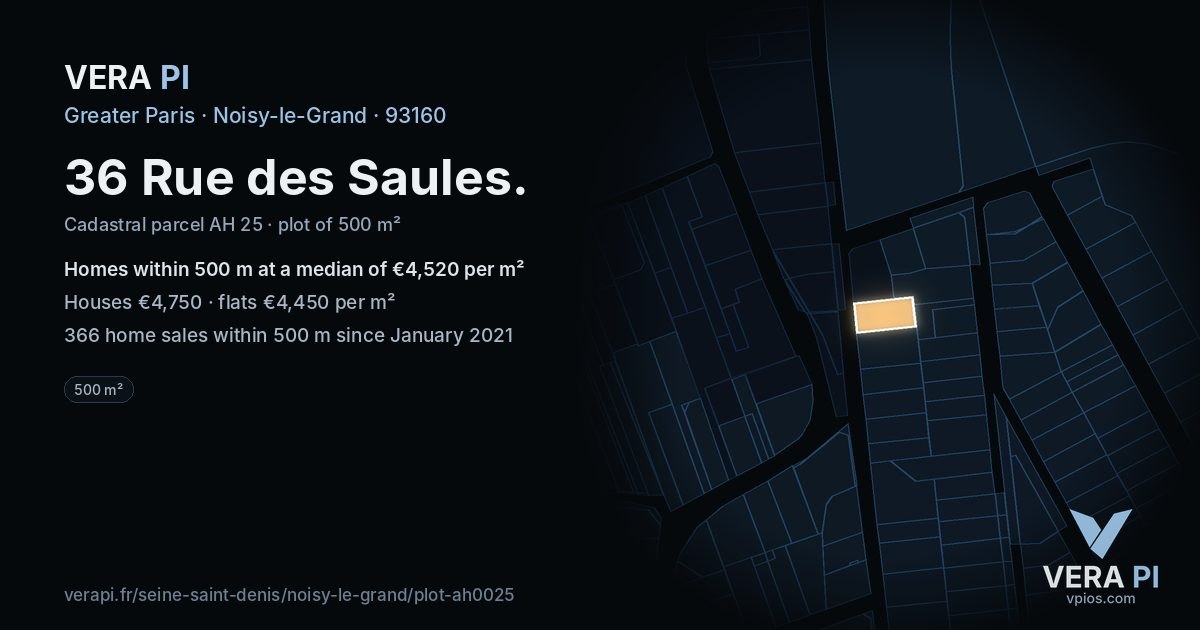 36 Rue des Saules, Noisy-le-Grand at night – the plot lit, the parcels around coloured by the prices near them