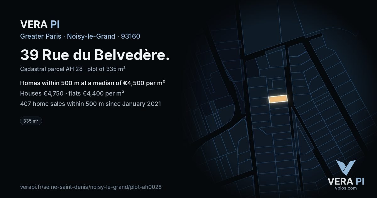 39 Rue du Belvedère, Noisy-le-Grand at night – the plot lit, the parcels around coloured by the prices near them