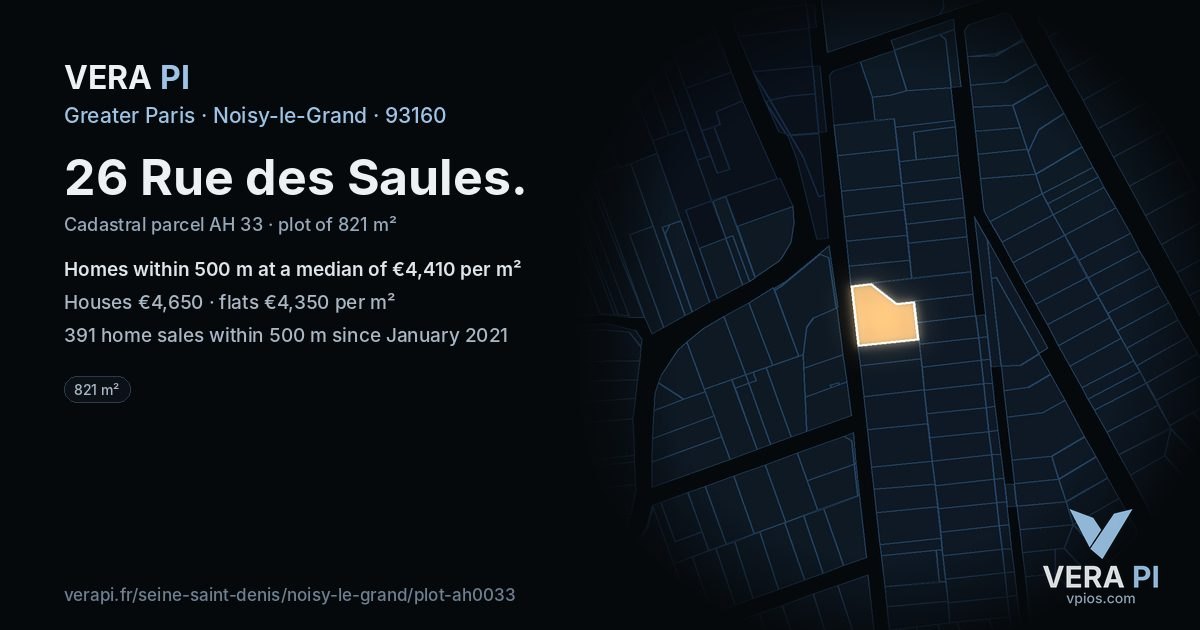 26 Rue des Saules, Noisy-le-Grand at night – the plot lit, the parcels around coloured by the prices near them