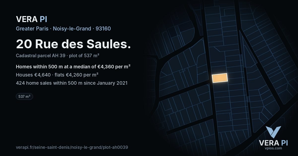 20 Rue des Saules, Noisy-le-Grand at night – the plot lit, the parcels around coloured by the prices near them