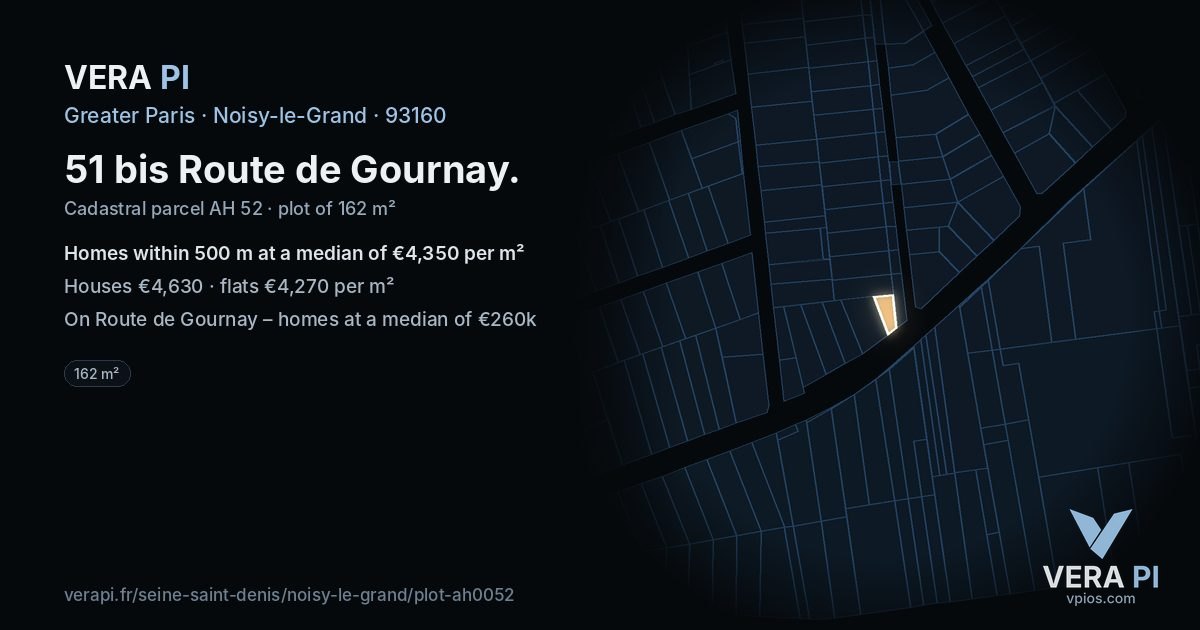 51 bis Route de Gournay, Noisy-le-Grand at night – the plot lit, the parcels around coloured by the prices near them
