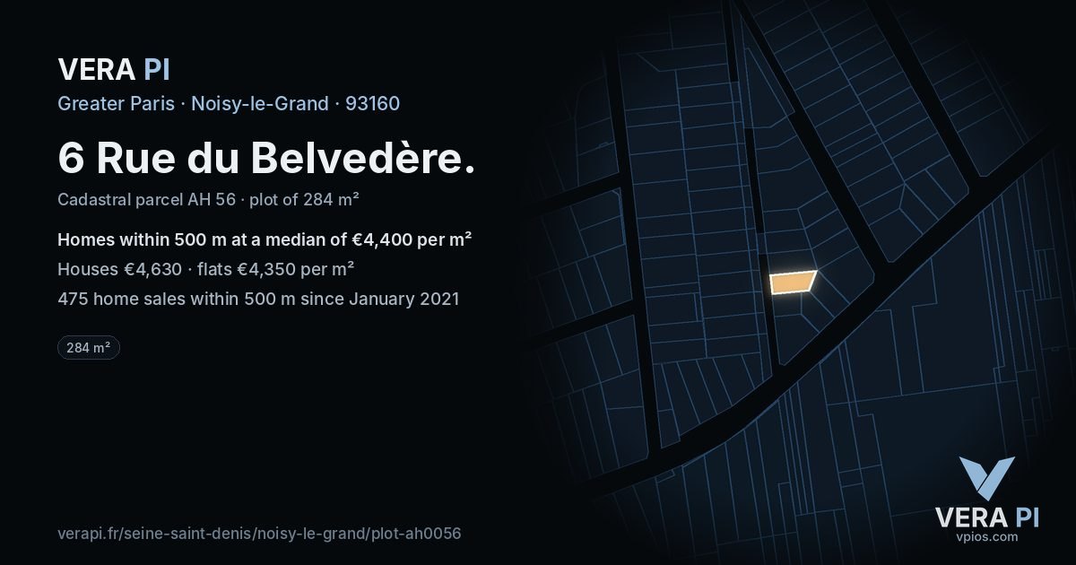 6 Rue du Belvedère, Noisy-le-Grand at night – the plot lit, the parcels around coloured by the prices near them