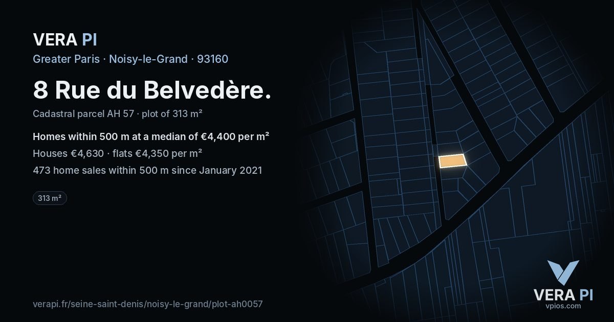 8 Rue du Belvedère, Noisy-le-Grand at night – the plot lit, the parcels around coloured by the prices near them