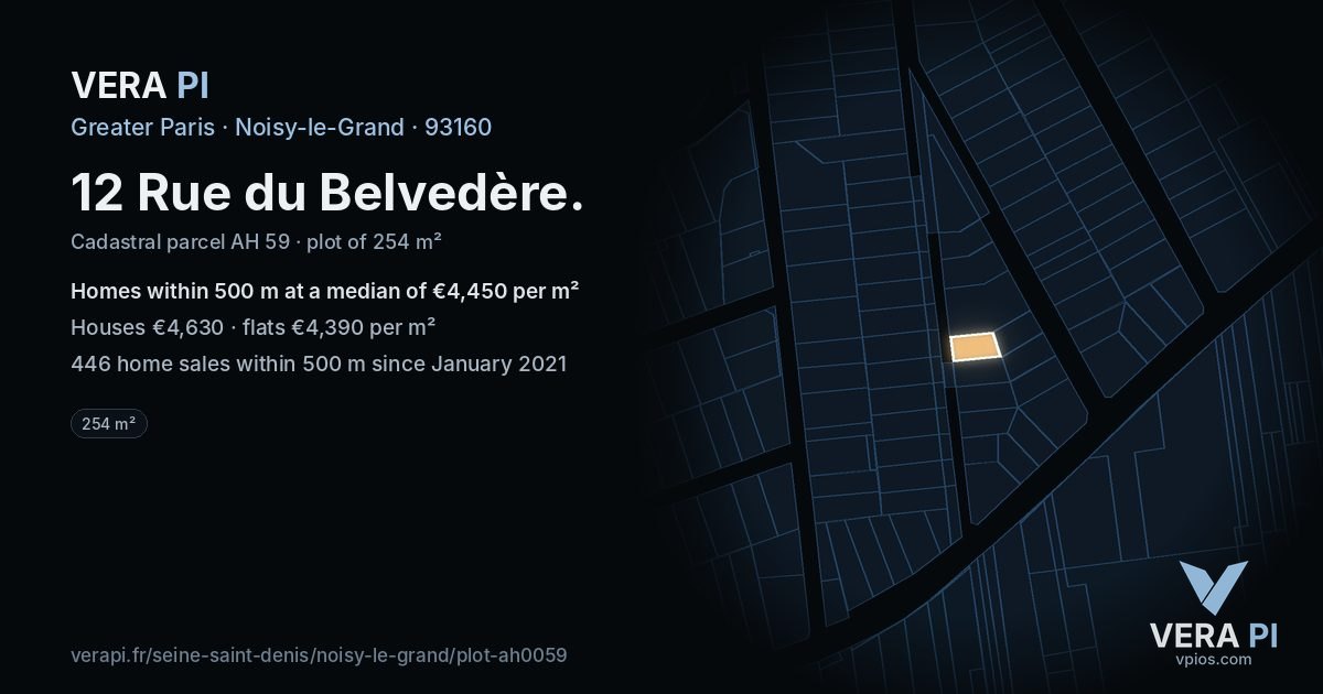 12 Rue du Belvedère, Noisy-le-Grand at night – the plot lit, the parcels around coloured by the prices near them
