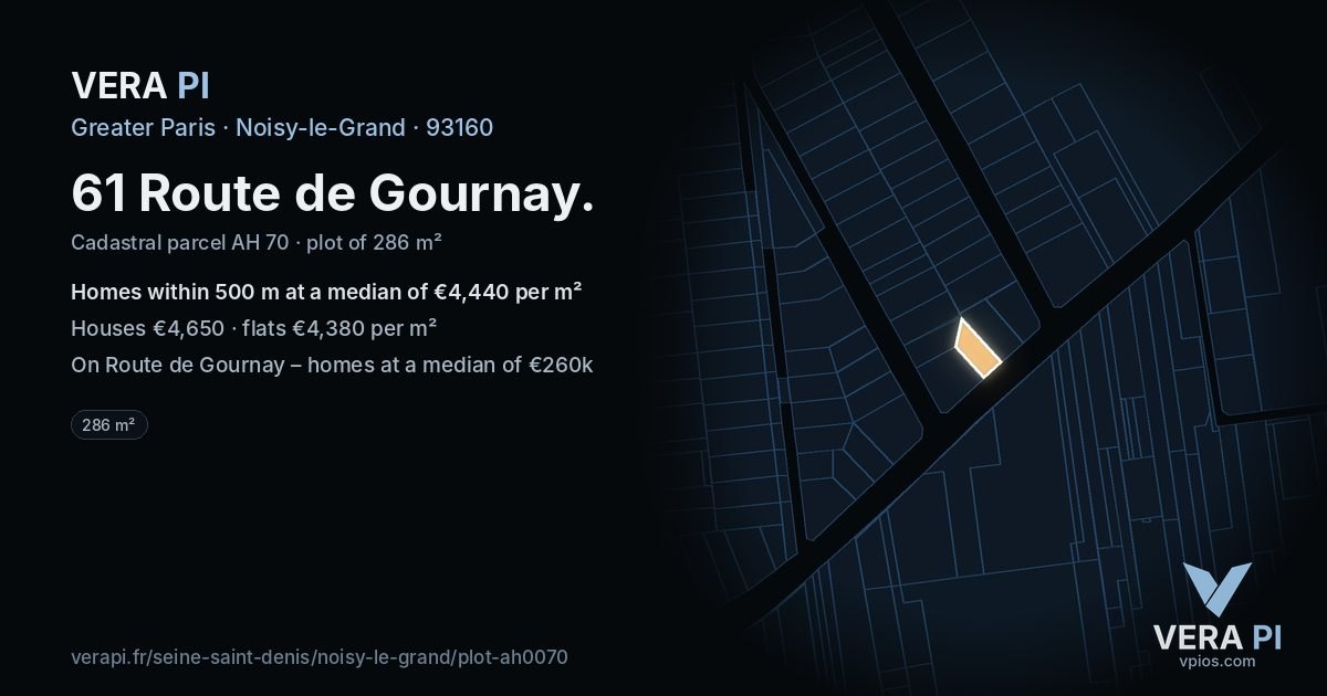 61 Route de Gournay, Noisy-le-Grand at night – the plot lit, the parcels around coloured by the prices near them