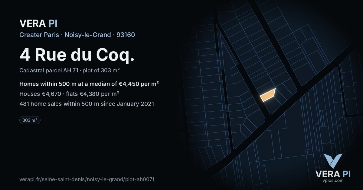 4 Rue du Coq, Noisy-le-Grand at night – the plot lit, the parcels around coloured by the prices near them