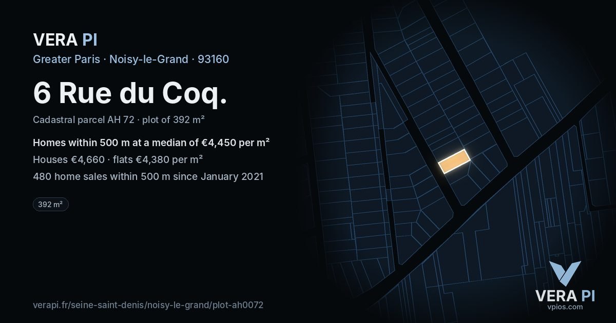 6 Rue du Coq, Noisy-le-Grand at night – the plot lit, the parcels around coloured by the prices near them