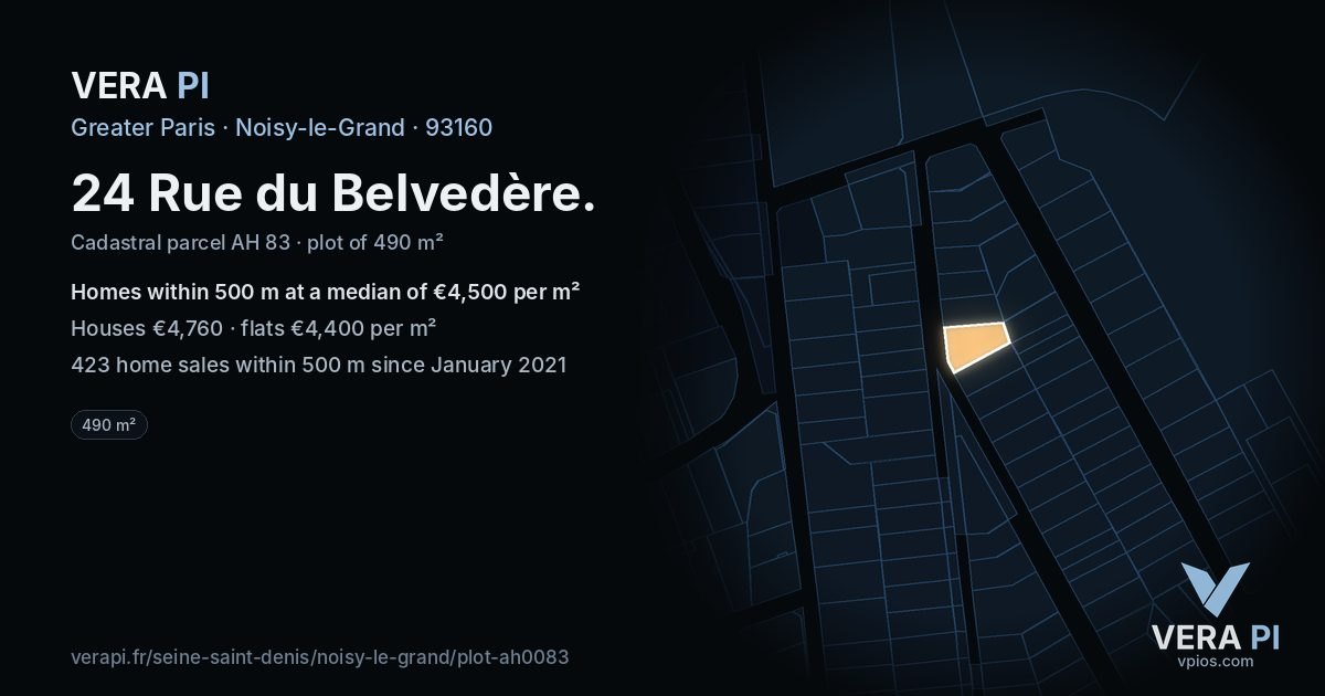 24 Rue du Belvedère, Noisy-le-Grand at night – the plot lit, the parcels around coloured by the prices near them