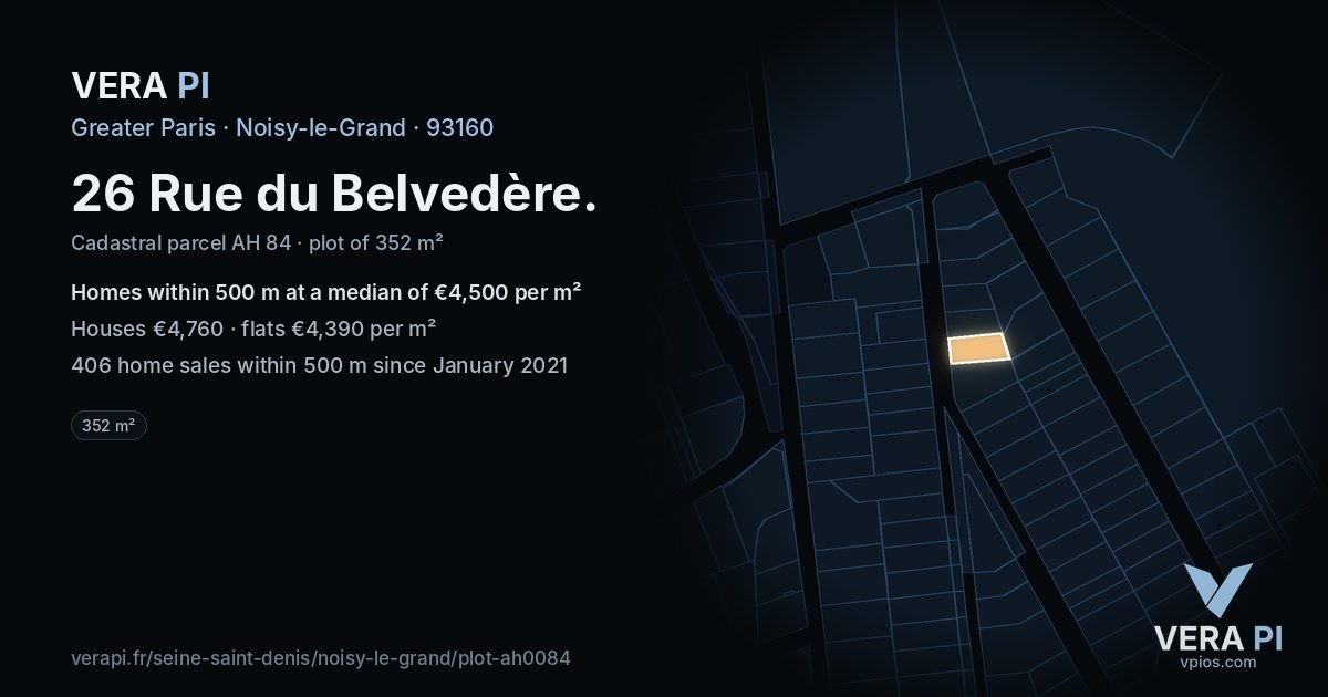 26 Rue du Belvedère, Noisy-le-Grand at night – the plot lit, the parcels around coloured by the prices near them
